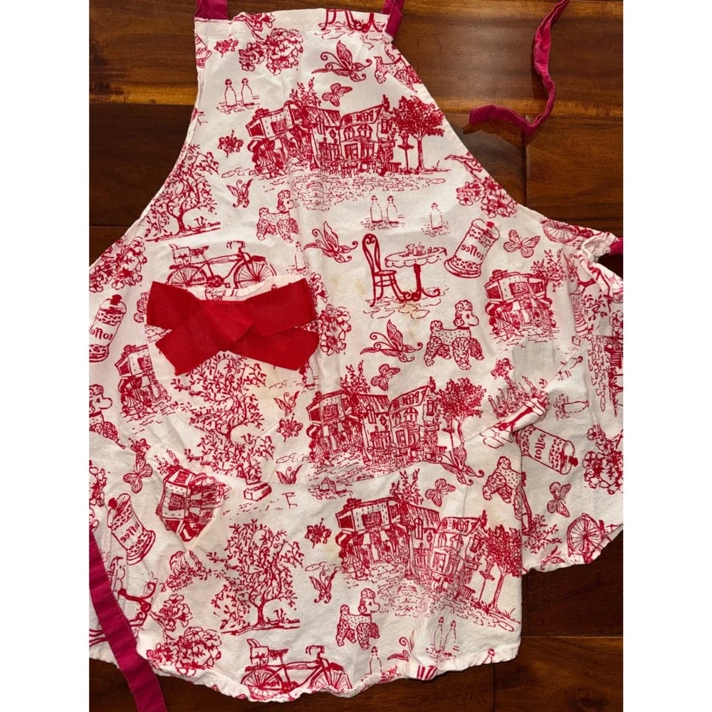 Vintage Apron Set Womens OS Red Teal Fair  Retro Toile Bicycle 2pc